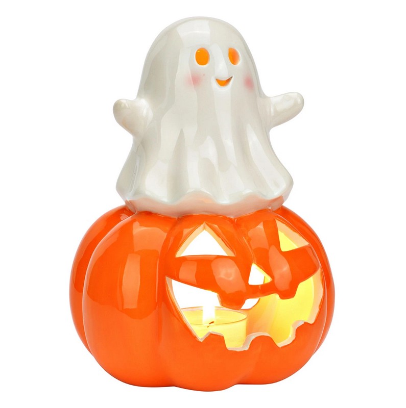 Portacandele a forma di fantasma su zucca in ceramica, perfetto come decoro di Halloween